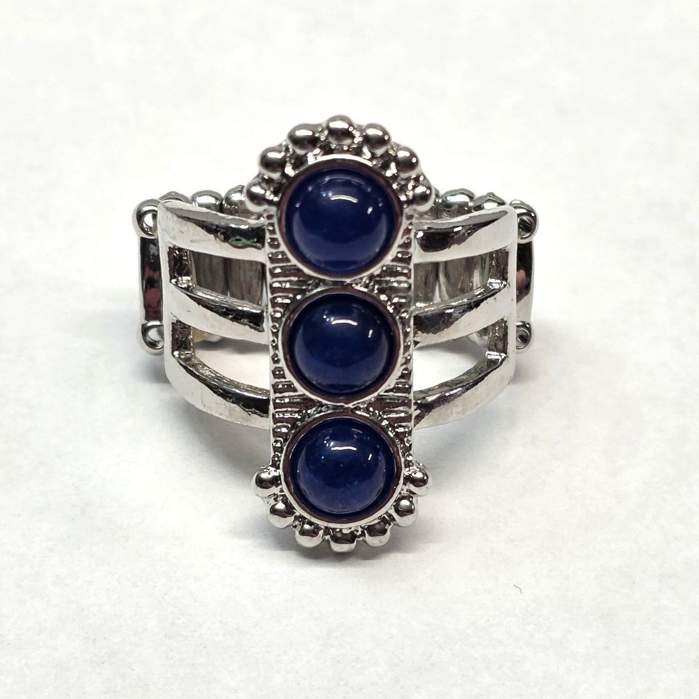 New Ring Blue Silver Tone Stretch Band Beaded 3 Cabochon Stones Statement